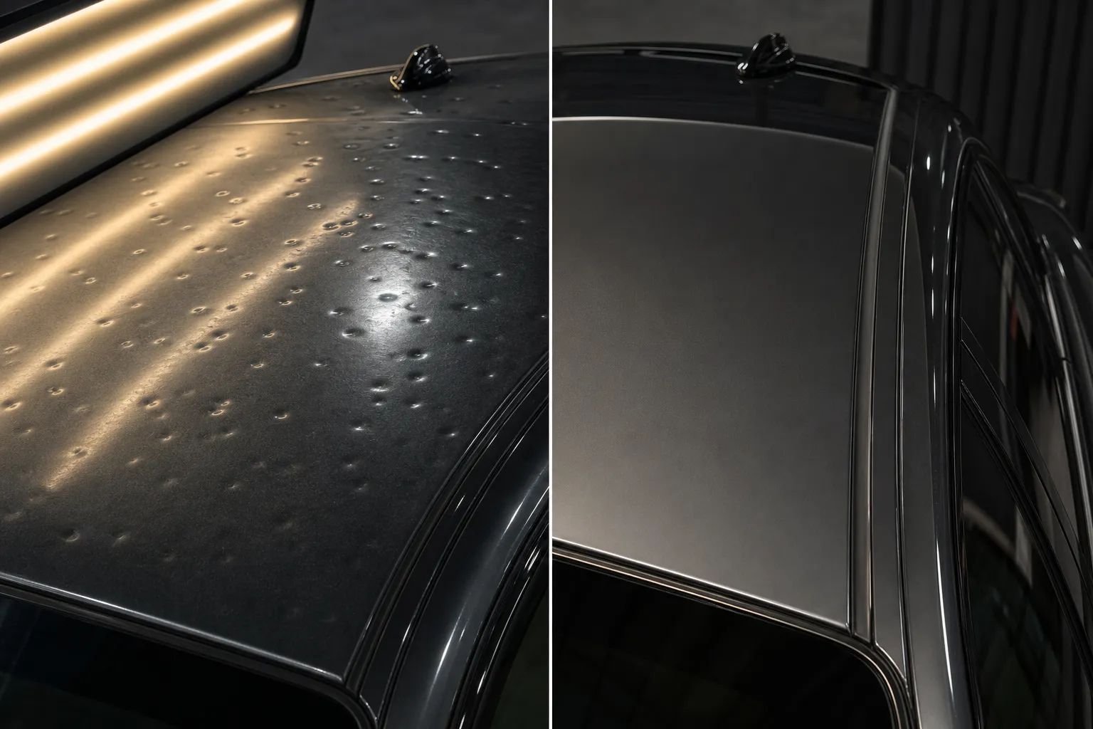 Hail-dented car roof before and after paintless dent repair, split comparison